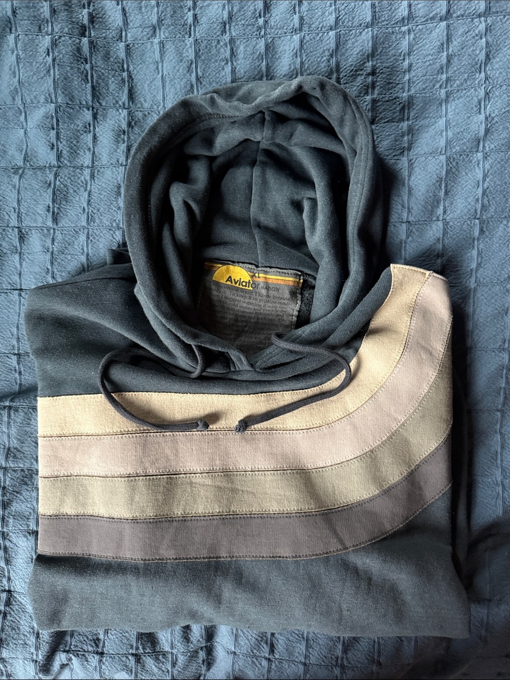 Aviator Nation Dark Gray Hooded Sweater with Neutral Curved Stripes XL